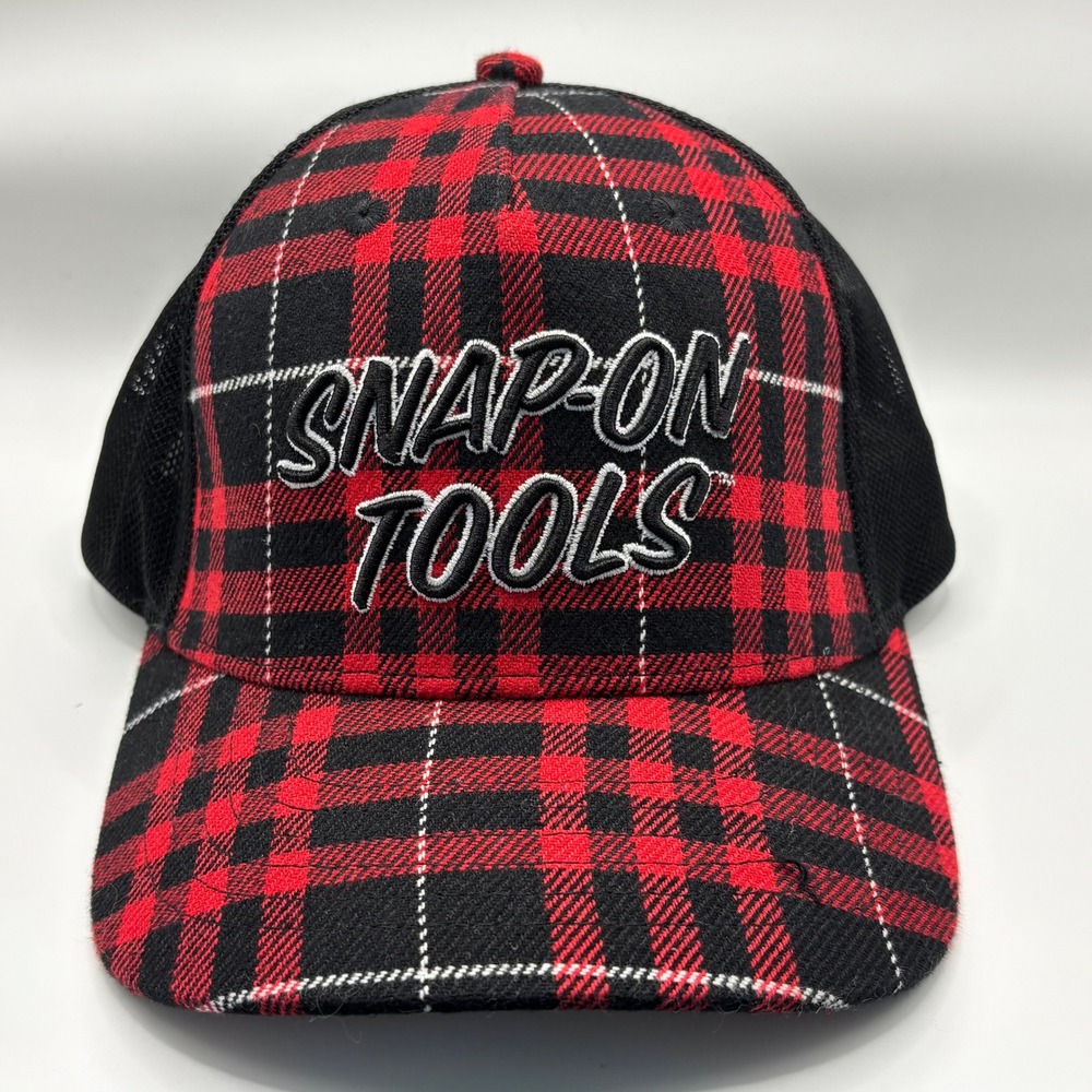 Trucker Hat Snap-On Tools OSFM Red Black Plaid Cotton Blend Mesh Snapback Cap
